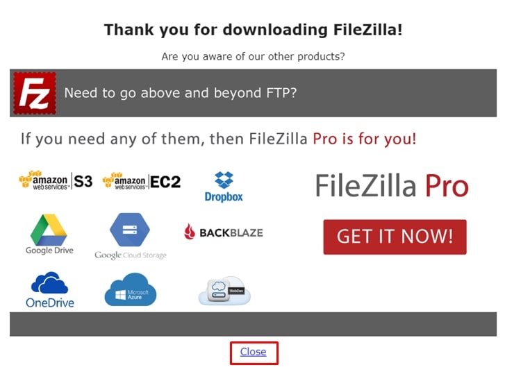 FileZillaのダウンロード画面を閉じます